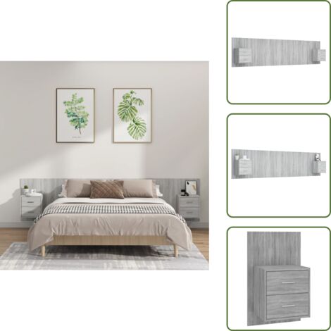 The Living Store Testiera Letto con Comodini in Legno Multistrato Grigio Sonoma - Comodini in legno