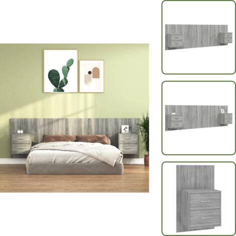 The Living Store Testiera Letto con Comodini in Legno Multistrato Grigio Sonoma - Comodini in legno