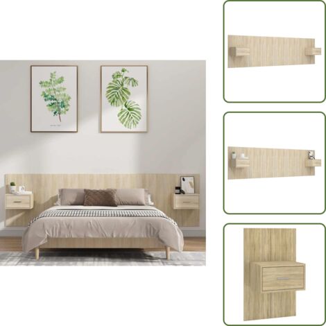 The Living Store Testiera Letto con Comodini in Legno Multistrato Rovere Sonoma - Comodini in legno