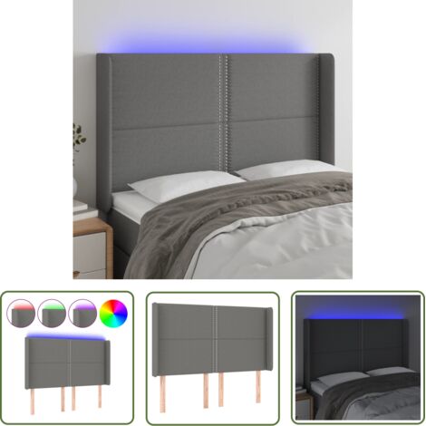 The Living Store Tête de lit à LED Gris foncé 147x16x118/128 cm Tissu - Tête De Lit Led - Têtière De Lit - Éclairage Led - Chambre À Coucher - Décoration Murale