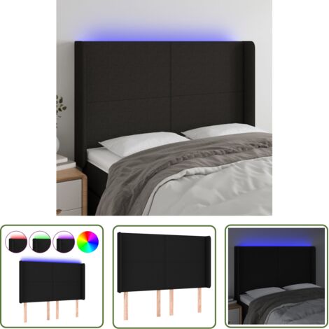 The Living Store Tête de lit à LED Noir 147x16x118/128 cm Tissu - Tête De Lit Led - Têtière Lit - Éclairage Led - Chambre À Coucher - Décoration Murale