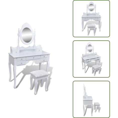 The Living Store Tocador con espejo y taburete 7 cajones blanco - Mesa con espejo