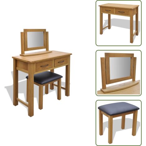The Living Store Tocador con taburete de madera maciza de roble - Taburete de cuero