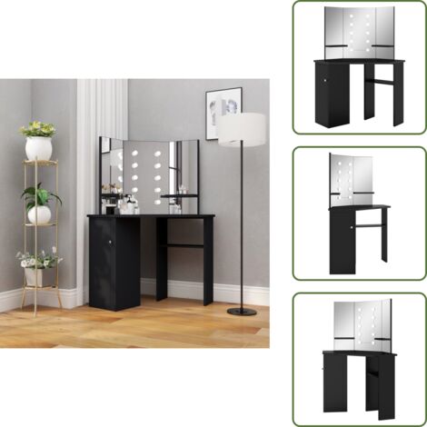 The Living Store Tocador de esquina con LED negro 111x54x141,5 cm - Espejo de 3 paneles