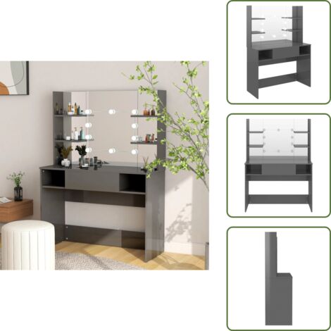 The Living Store Tocador de maquillaje luces LED MDF gris brillo 100x40x135 cm - Espejo LED