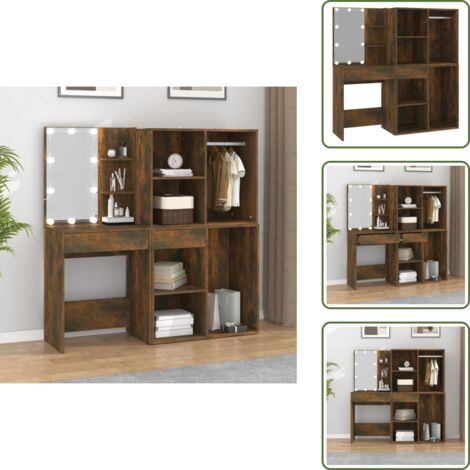 The Living Store Toeletta con LED e Armadietti Rovere Fumo in Legno Multistrato - Tavolino da trucco con LED