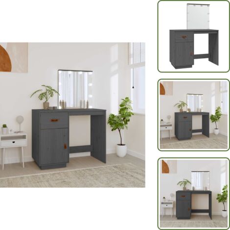The Living Store Toeletta con LED Grigia 95x50x133,5cm in Legno Massello di Pino - Toeletta con LED