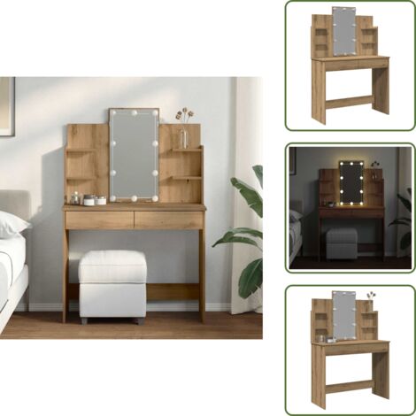 The Living Store Toeletta con Luci LED Rovere Artigianale 96x40x142 cm - Specchio per trucco