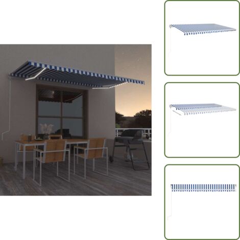 The Living Store Toldo automático LED sensor de viento azul y blanco 500x350 cm - Toldo retráctil