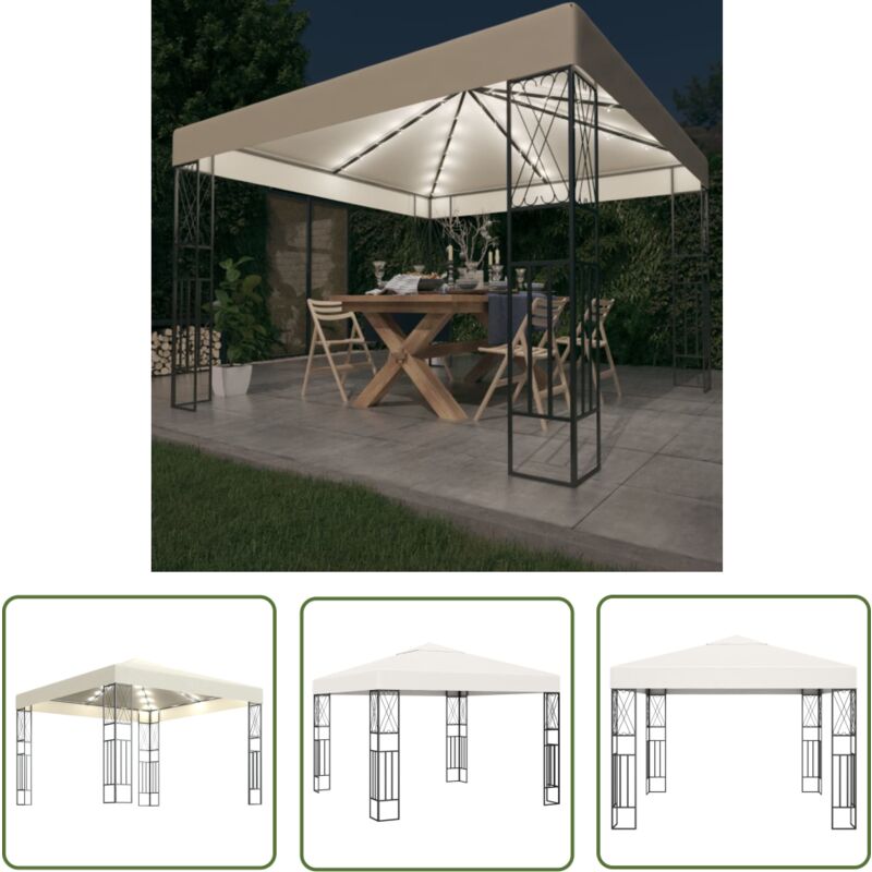 The Living Store - Tonnelle avec guirlande lumineuse à led 3x3 m Crème Tissu - Tente Extérieure - Abri Jardin - Parasol - Tonnelle Pliable