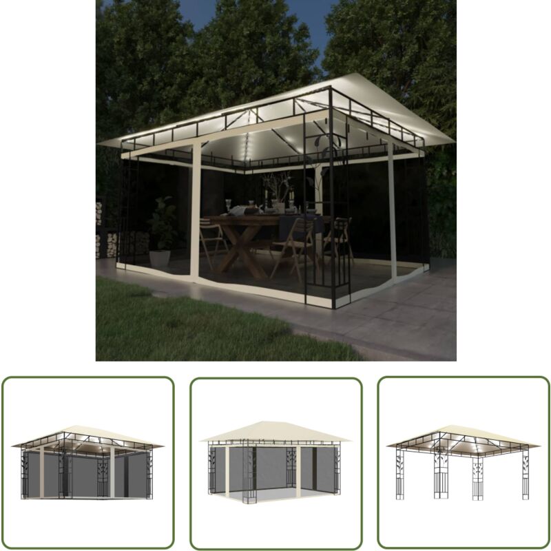 The Living Store - Tonnelle avec moustiquaire et lumières led 4x3x2,73 m Crème - Tente De Jardin - Auvent Pliable - Abri Solaire - Parasol
