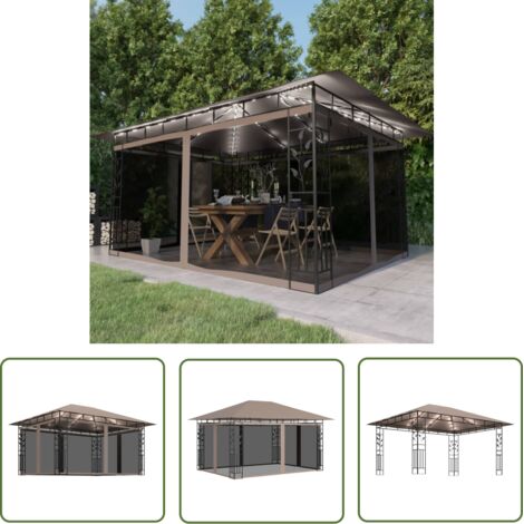 The Living Store Tonnelle avec moustiquaire et lumières LED 4x3x2,73 m Taupe - Tente De Jardin - Auvent Pliable - Abri Solaire - Gazebo - Parasol