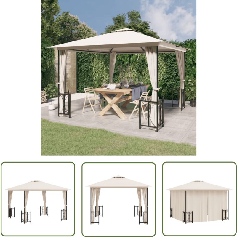 Devenirriche - The Living Store Tonnelle avec parois et toit double 3x3 m Crème - Abri Jardin - Tonnelle De Jardin - Parasol - Gazebo - Auvent