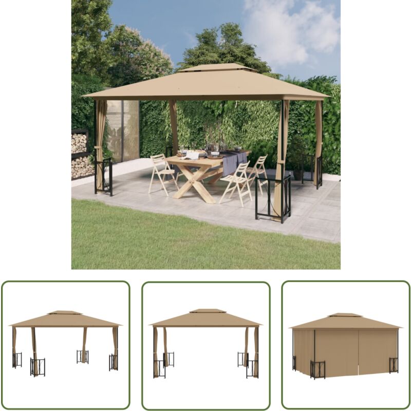 The Living Store - Tonnelle avec parois et toit double 3x4 m Taupe - Abri Jardin - Tonnelle De Jardin - Parasol - Auvent - Terrasse Couverte