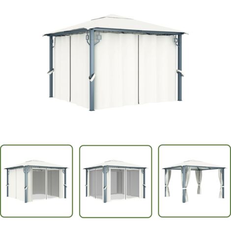 The Living Store Tonnelle avec rideau 300x300 cm Crème Aluminium - Abri Solaire - Tonnelle - Gazebo - Tente Extérieure - Structure Extérieure