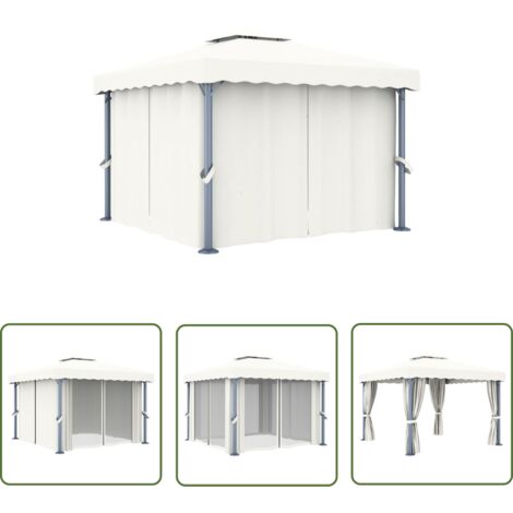 The Living Store Tonnelle avec rideau 3x3 m Blanc crème Aluminium - Tente Extérieure - Auvent Jardin - Abri Solaire - Parasol - Espace Détente