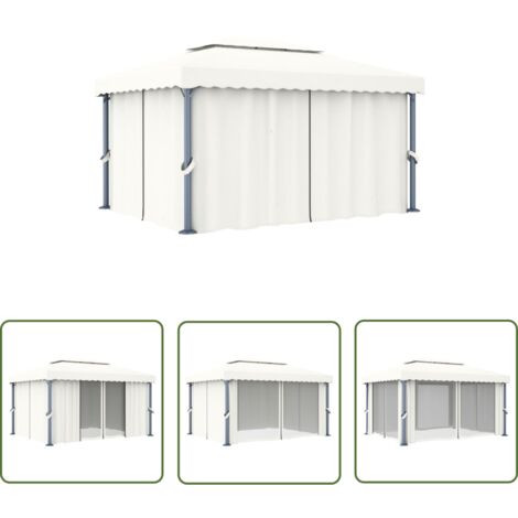 The Living Store Tonnelle avec rideau 4x3 m Blanc crème Aluminium - Tente Extérieure - Auvent - Abri Solaire - Parasol - Espace Détente