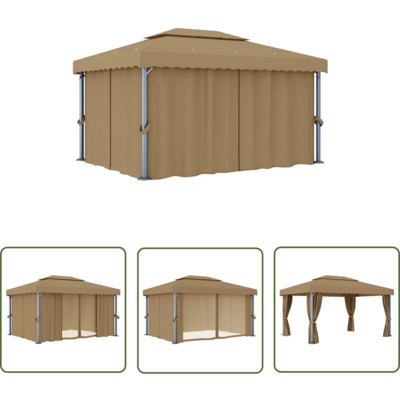 Tonnelle avec rideau 4x3 m Taupe Aluminium - Tente Extérieure - Abri Jardin - Parasol - Auvent Pliable - Structure Extérieure - The Living Store