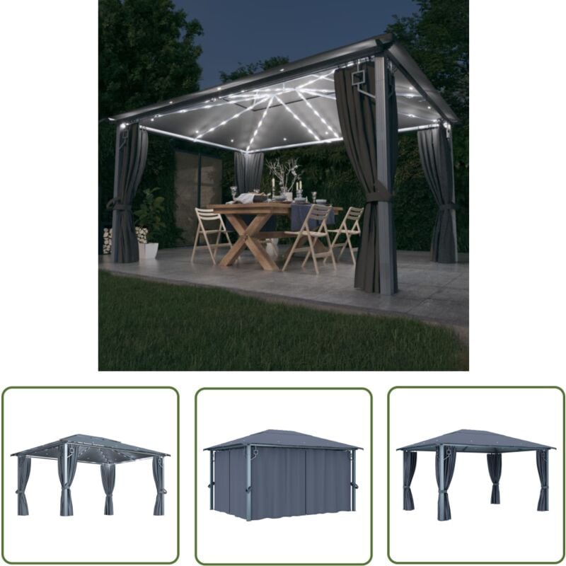 The Living Store - Tonnelle avec rideau et lumières led 4x3 m Anthracite Aluminium - Abri De Jardin - Tonnelle - Gazebo - Structure Extérieure