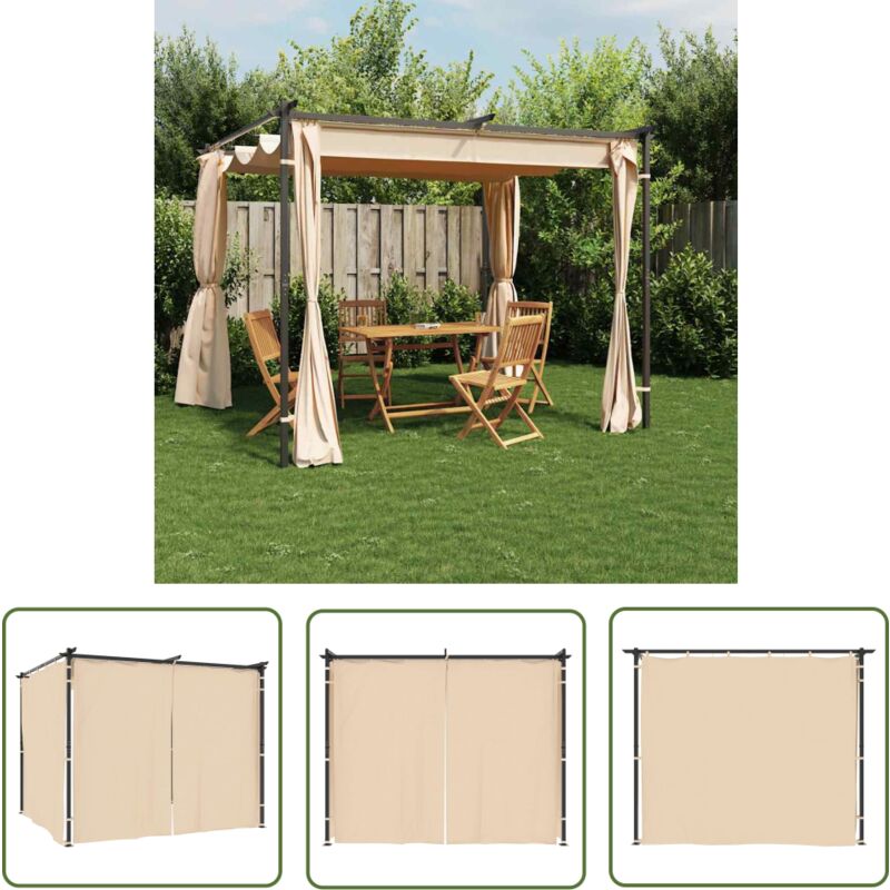 The Living Store - Tonnelle avec rideaux 3x3 m Crème Acier - Tente De Réception - Tonnelle Extérieure - Auvent Jardin - Parasol - Abri Jardin