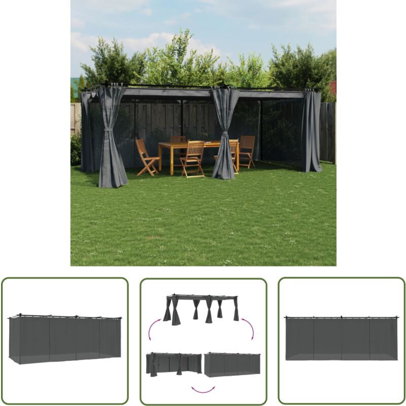 The Living Store - Tonnelle avec rideaux anthracite 6x3 m acier - Gazebo - Abri Extérieur - Tonnelle - Structure Extérieure - Parasol
