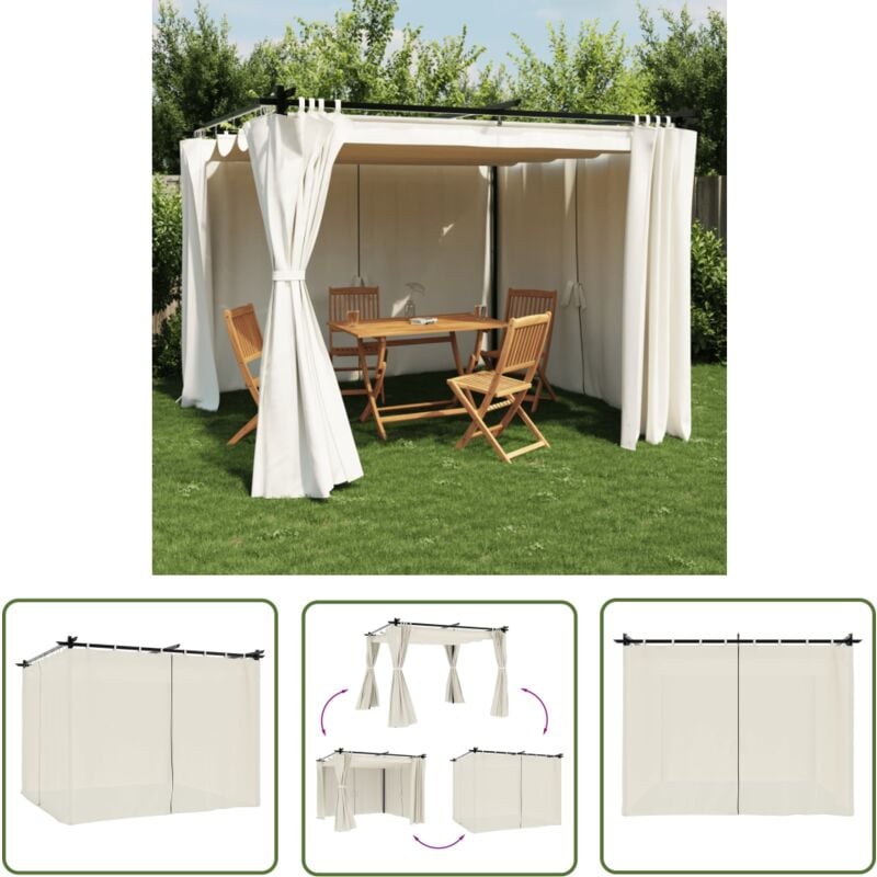 The Living Store - Tonnelle avec rideaux crème 3x3 m acier - Gazebo - Tonnelle De Jardin - Abri Solaire - Structure Extérieure - Parasol