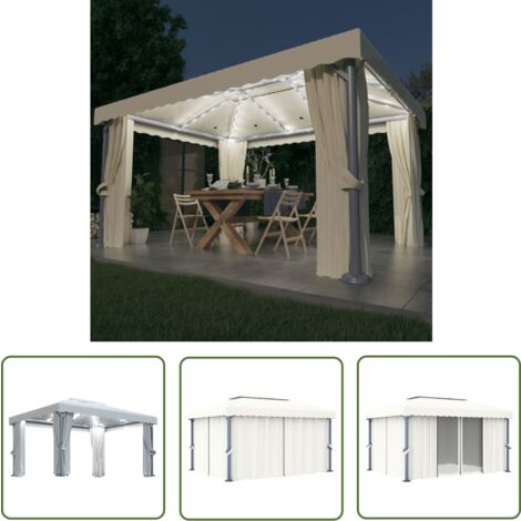 The Living Store Tonnelle et rideau et guirlande lumineuse LED 4x3 m Blanc crème - Tonnelle - Abri Jardin - Pergola - Auvent - Structure Extérieure