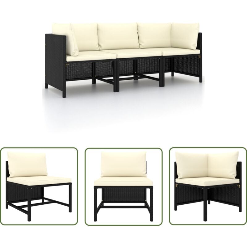 The Living Store - Canapé de jardin à 3 places avec coussins Noir Résine tressée - Canapé De Jardin - Mobilier De Jardin - Sofa Extérieur - Ensemble