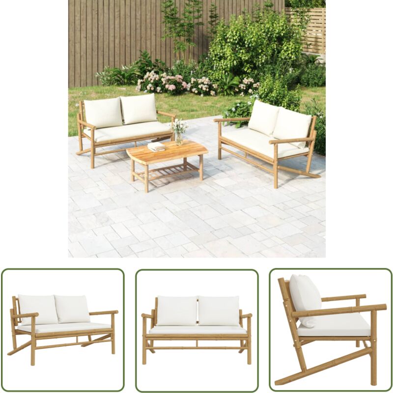 The Living Store - Banc de jardin avec coussins blanc crème bambou - Banc De Jardin - Mobilier De Jardin - Chaise Extérieure - Canapé D'extérieur