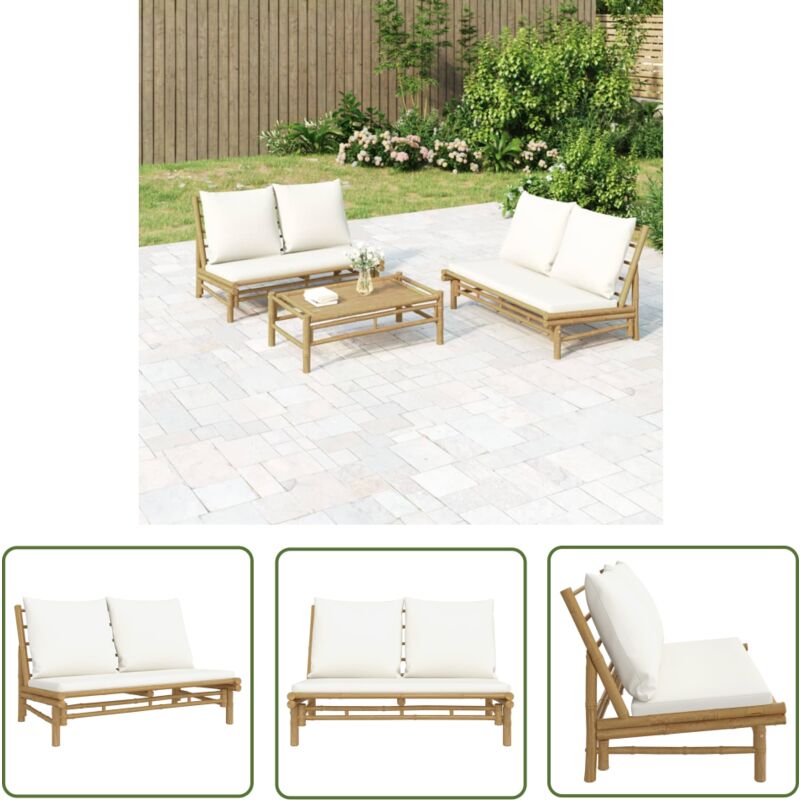 Banc de jardin avec coussins blanc crème bambou - Banc De Jardin - Mobilier De Jardin - Chaise De Jardin - Meubles De Jardin En Bambou - Banc Pliable