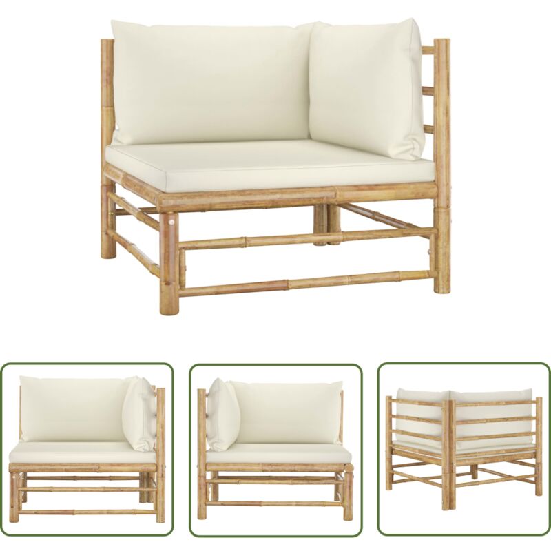 The Living Store Canapé d'angle de jardin avec coussins blanc crème Bambou - Canapé D'angle - Mobilier De Jardin - Salon De Jardin - Meubles De