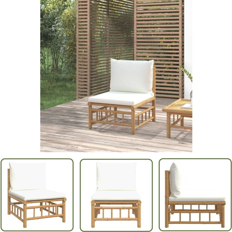 The Living Store Canapé central de jardin avec coussins blanc crème bambou - Canapé De Jardin - Mobilier De Jardin - Canapé Extérieur - Bamboo