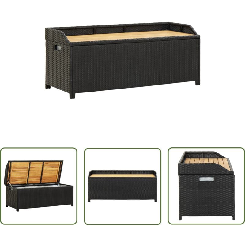 The Living Store - Banc de rangement de jardin 120 cm Résine tressée Noir - Banc De Jardin - Meuble De Jardin - Rangement Exterieur - Banc Avec