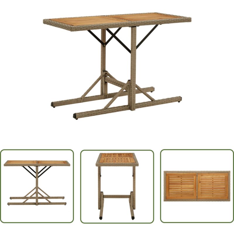 The Living Store - Table de jardin Beige Bois massif d'acacia et poly rotin - Table De Jardin - Table Extérieure - Acacia Massif - Table Rustique