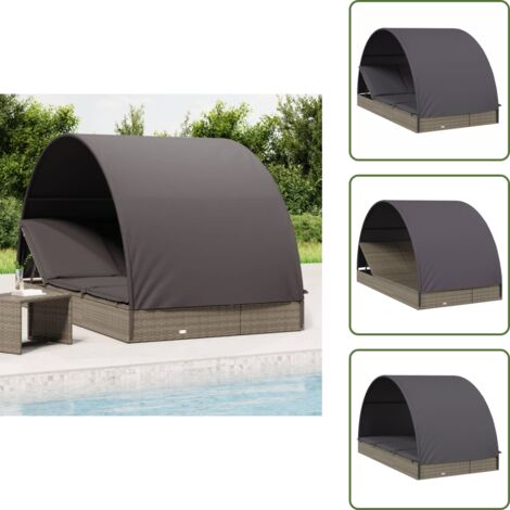 The Living Store Tumbona 2 personas toldo redondo ratán PE gris 211x112x140 cm - Toldo redondo