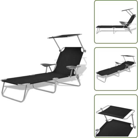 The Living Store Tumbona con toldo de acero acero negro - Toldo ajustable