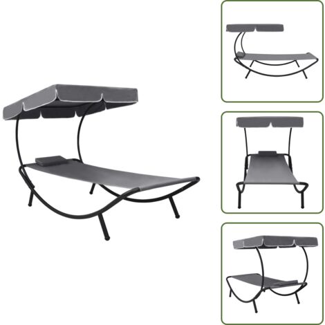 The Living Store Tumbona de exterior con dosel y almohada gris - Tumbona gris