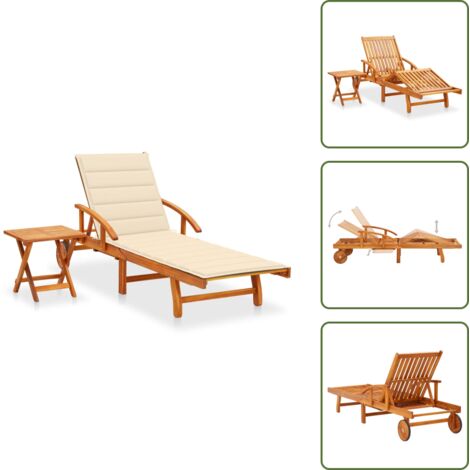 The Living Store Tumbona de jardín con mesa y cojín madera maciza de acacia - Tumbona de madera