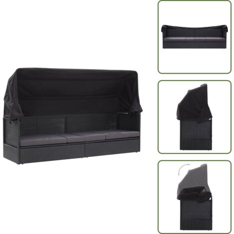 The Living Store Tumbona de jardín con toldo ratán sintético negro - Tumbona con toldo