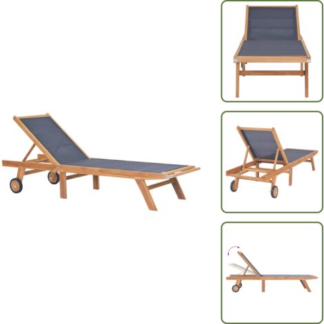 The Living Store Tumbona plegable con ruedas teca maciza y textileno - Tumbona plegable
