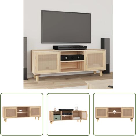 The Living Store TV-Schrank Braun 105x30x40 cm Massivholz Kiefer Natur-Rattan - TV-Schrank - Holzmöbel - Massivholzkasten - Regal - Wohnzimmermöbel