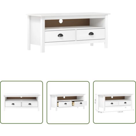 The Living Store TV-Schrank Hill Weiß 110x40x47 cm Massivholz Kiefer - Fernsehschränkchen - Massivholzmöbel - Kiefernholzmöbel - Weißer Schrank - TV Möbel