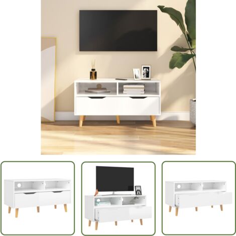 The Living Store TV-Schrank Hochglanz-Weiß 90x40x48,5 cm Holzwerkstoff - Fernsehschränkchen - TV Schrank - HIFI-Schrank - Weißes Regal - Wohnzimmer Dekoration