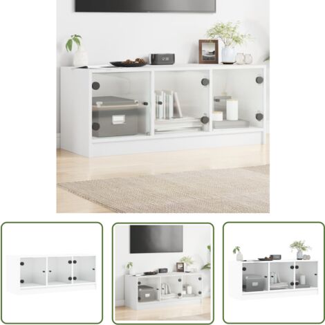 The Living Store TV-Schrank mit Glastüren Weiß 102x37x42 cm - TV-Schrank - Fernsehtisch - Regal - Wohnzimmermöbel - Weißer TV-Stand