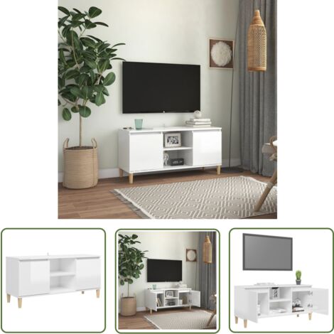 The Living Store TV-Schrank mit Massivholz-Beinen Hochglanz-Weiß 103,5x35x50 cm - TV Schrank - Sideboard - Wohnzimmerschrank - Skandinavisches Design - Holzkörper
