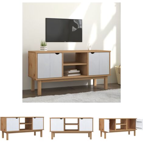 The Living Store TV-Schrank OTTA Braun&Weiß 113,5x43x57 cm Massivholz Kiefer - TV-Möbel