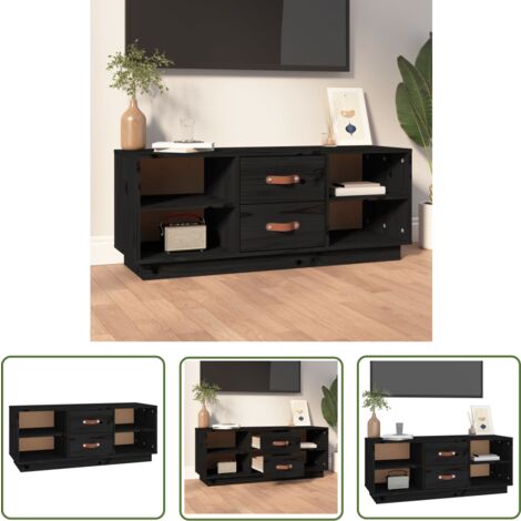 The Living Store TV-Schrank Schwarz 100x34x40 cm Massivholz Kiefer - TV Schrank - Holzmöbel - Kiefernholzmöbel - Fernsehtisch - Medienregal