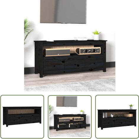 The Living Store TV-Schrank Schwarz 114x35x52 cm Massivholz Kiefer - TV Schrank - Holzmöbel - Kiefernholzmöbel - Landhausstil - Fernsehtisch