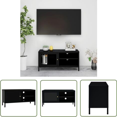 The Living Store TV-Schrank Schwarz 90x30x44 cm Stahl und Glas - Fernsehschränkchen - TV-Stand Schwarz - Eiche Möbel - Wohnzimmerschrank - Sideboard