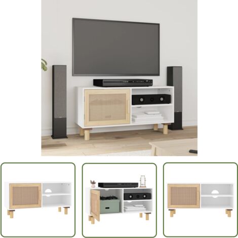The Living Store TV-Schrank Weiß 80x30x40 cm Massivholz Kiefer und Natur-Rattan - TV-Schrank - Fernsehtisch - Wohnzimmermöbel - Regal - Holzregal